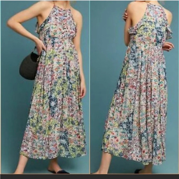 Anthropologie Meadow Rue Allerton Maxi Dress Floral Halter Buttons Ruffles Med - Picture 1 of 9